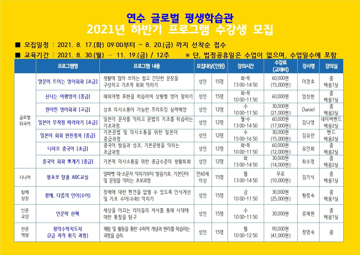 연수글로벌평생학습관-2021년 하반기 프로그램 수강생 모집의 1번째 이미지